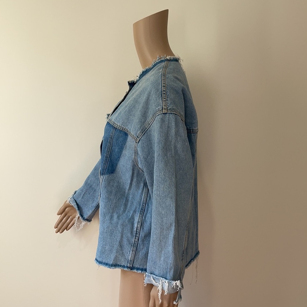 ZARA | Collarless distressed denim jacket - Picture 9 of 13